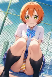 屋上にいる夏服姿の星空凛の座りパンチラ
