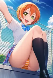 屋上にいる夏服姿の星空凛の座りパンチラ