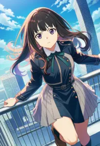 屋上にいる冬服姿の井ノ上たきな