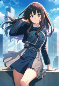 屋上にいる冬服姿の井ノ上たきな