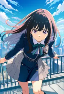屋上にいる冬服姿の井ノ上たきな