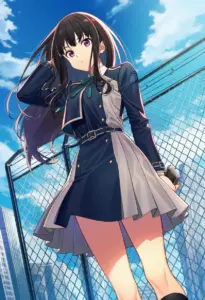 屋上にいる冬服姿の井ノ上たきな