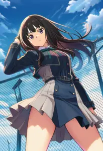 屋上にいる冬服姿の井ノ上たきな
