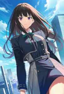 屋上にいる冬服姿の井ノ上たきな