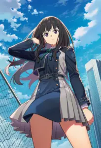屋上にいる冬服姿の井ノ上たきな