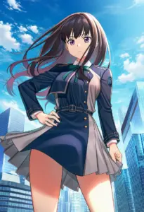 屋上にいる冬服姿の井ノ上たきな