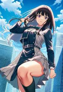 屋上にいる冬服姿の井ノ上たきな