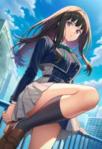 屋上にいる冬服姿の井ノ上たきな
