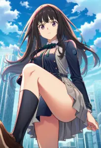 屋上にいる冬服姿の井ノ上たきな