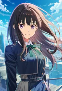 屋上にいる冬服姿の井ノ上たきな、バストアップ