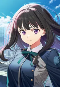 屋上にいる冬服姿の井ノ上たきな、バストアップ
