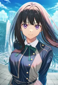 屋上にいる冬服姿の井ノ上たきな、バストアップ