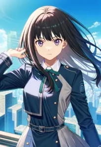 屋上にいる冬服姿の井ノ上たきな、バストアップ