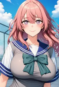 屋上にいる夏服姿の乾心寿、バストアップ