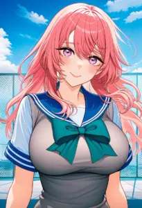 屋上にいる夏服姿の乾心寿、バストアップ