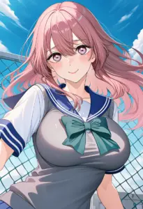 屋上にいる夏服姿の乾心寿、バストアップ