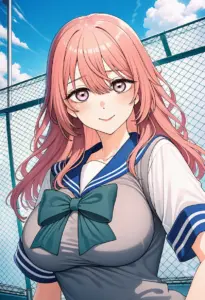 屋上にいる夏服姿の乾心寿、バストアップ