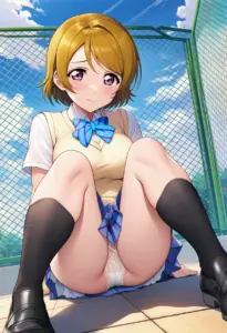 屋上にいる夏服姿の小泉花陽の座りパンチラ
