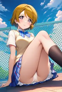 屋上にいる夏服姿の小泉花陽の座りパンチラ