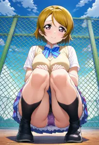 屋上にいる夏服姿の小泉花陽の座りパンチラ