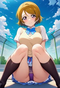 屋上にいる夏服姿の小泉花陽の座りパンチラ