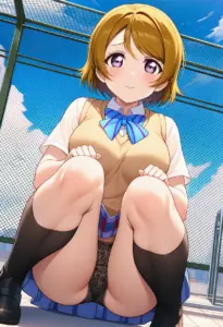 屋上にいる夏服姿の小泉花陽の座りパンチラ