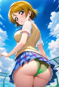 屋上にいる夏服姿の小泉花陽の背面パンチラ