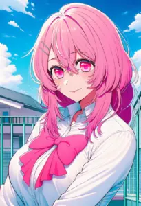 屋上にいる制服姿の寿みなみ、バストアップ