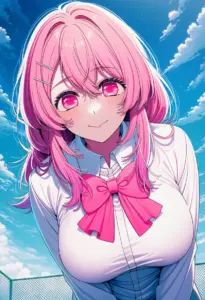 屋上にいる制服姿の寿みなみ、バストアップ