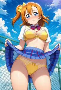 屋上で下着を露出させられる夏服姿の高坂穂乃果
