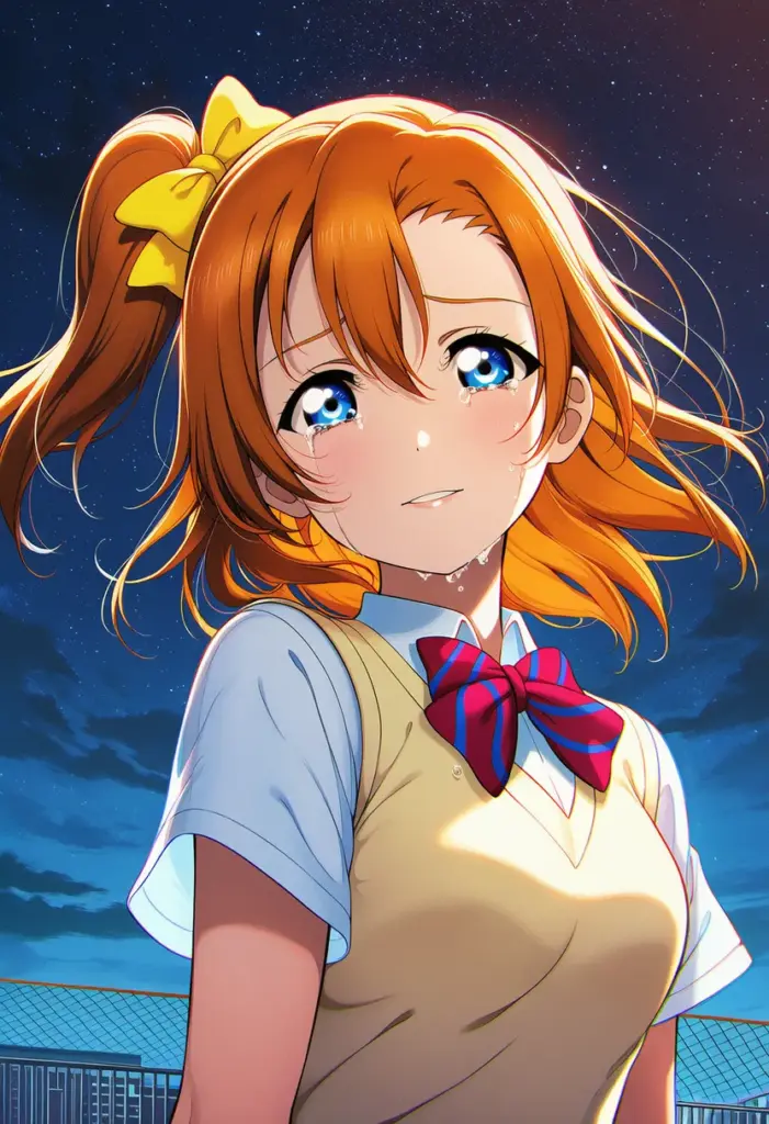 屋上にいる夏服姿の高坂穂乃果、涙のバストアップ