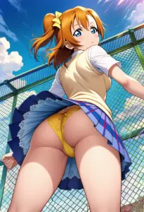 屋上にいる夏服姿の高坂穂乃果の背面パンチラ