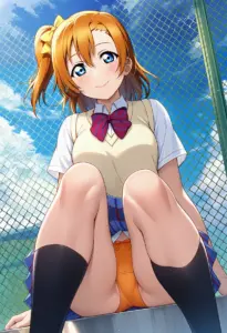 屋上にいる夏服姿の高坂穂乃果の座りパンチラ