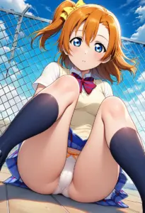 屋上にいる夏服姿の高坂穂乃果の座りパンチラ