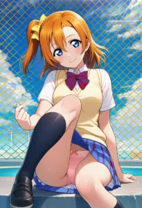 屋上にいる夏服姿の高坂穂乃果の座りパンチラ