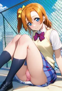 屋上にいる夏服姿の高坂穂乃果の座りパンチラ