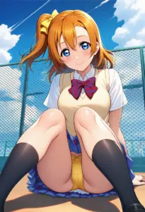 屋上にいる夏服姿の高坂穂乃果の座りパンチラ