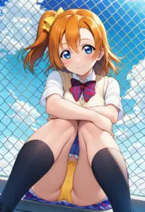 屋上にいる夏服姿の高坂穂乃果の座りパンチラ