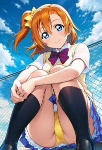 屋上にいる夏服姿の高坂穂乃果の座りパンチラ