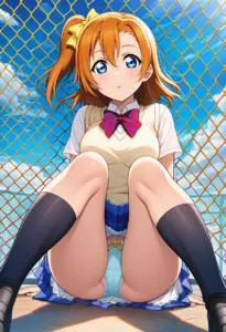 屋上にいる夏服姿の高坂穂乃果の座りパンチラ