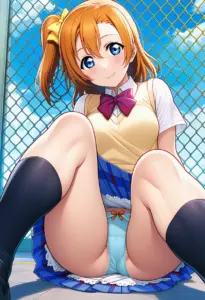 屋上にいる夏服姿の高坂穂乃果の座りパンチラ