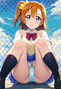 屋上にいる夏服姿の高坂穂乃果の座りパンチラ