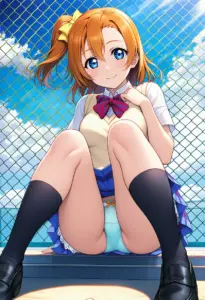 屋上にいる夏服姿の高坂穂乃果の座りパンチラ