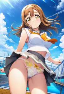 海辺にいる夏服姿の国木田花丸のパンチラ