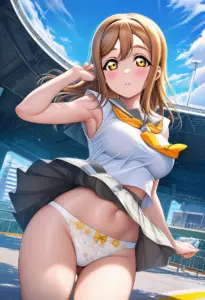 海辺にいる夏服姿の国木田花丸のパンチラ