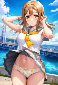 海辺にいる夏服姿の国木田花丸のパンチラ