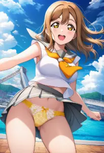 海辺にいる夏服姿の国木田花丸のパンチラ