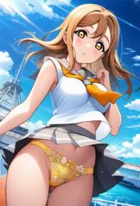 海辺にいる夏服姿の国木田花丸のパンチラ