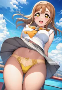 海辺にいる夏服姿の国木田花丸のパンチラ