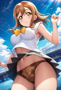 海辺にいる夏服姿の国木田花丸のパンチラ